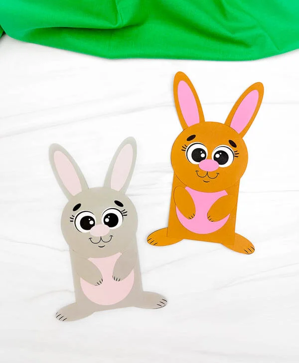 Featured image of two examples of finished Shape Bunny Craft with green fabric at the top