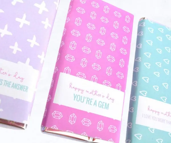 closeup of Mother's Day candy bar wrappers