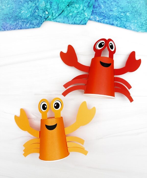Featured image of two example finished Crab Paper Cup Craft