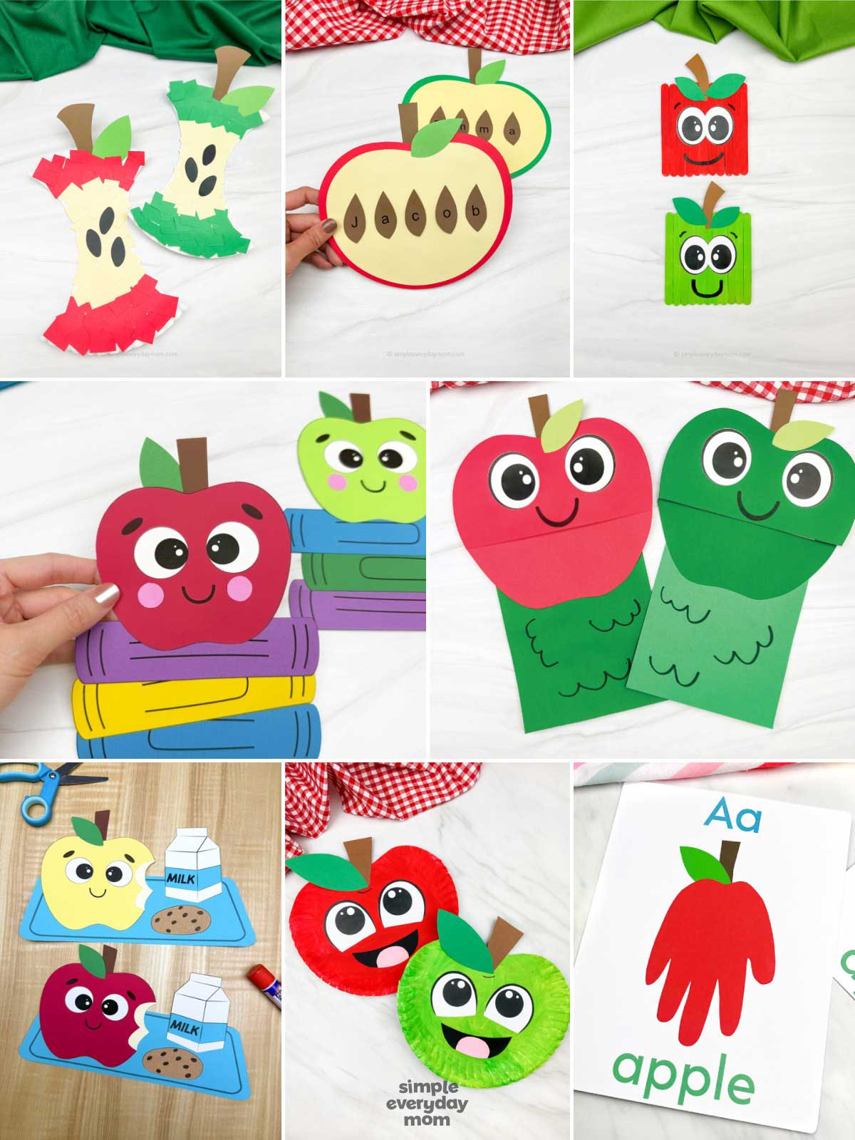 This image is a collage of apple-themed crafts and learning activities for children. The projects include apple core torn-paper crafts, apple name spelling activities, apple bookmarks, apple-on-books paper crafts, apple puppets, snack-themed apple crafts, paper plate apples, and apple alphabet flashcards. With bright colors and playful designs, the activities help support literacy, fine motor skills, name recognition, and back-to-school learning.