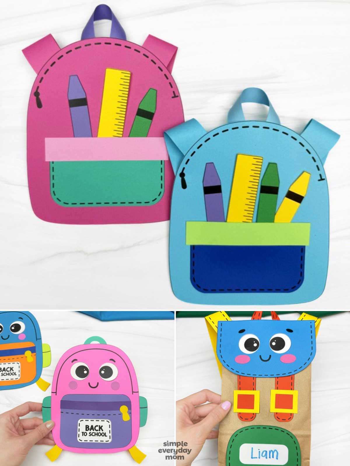 This image is a collage of backpack-themed back-to-school crafts and activities for children. It features colorful paper backpack crafts filled with school supplies, cheerful backpack characters with “Back to School” labels, and a personalized backpack gift bag decorated with a student's name. The bright colors, playful designs, and school-themed details make these crafts ideal for celebrating the start of a new school year.