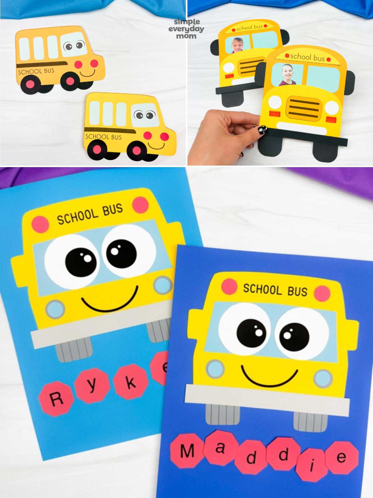 This image is a collage of school bus-themed back-to-school crafts and activities for children. It features smiling paper school bus crafts, personalized school bus photo keepsakes, and name-learning activities where letters are arranged beneath colorful bus designs. The bright yellow buses, colorful backgrounds, and playful faces create an engaging educational theme focused on school readiness and name recognition.