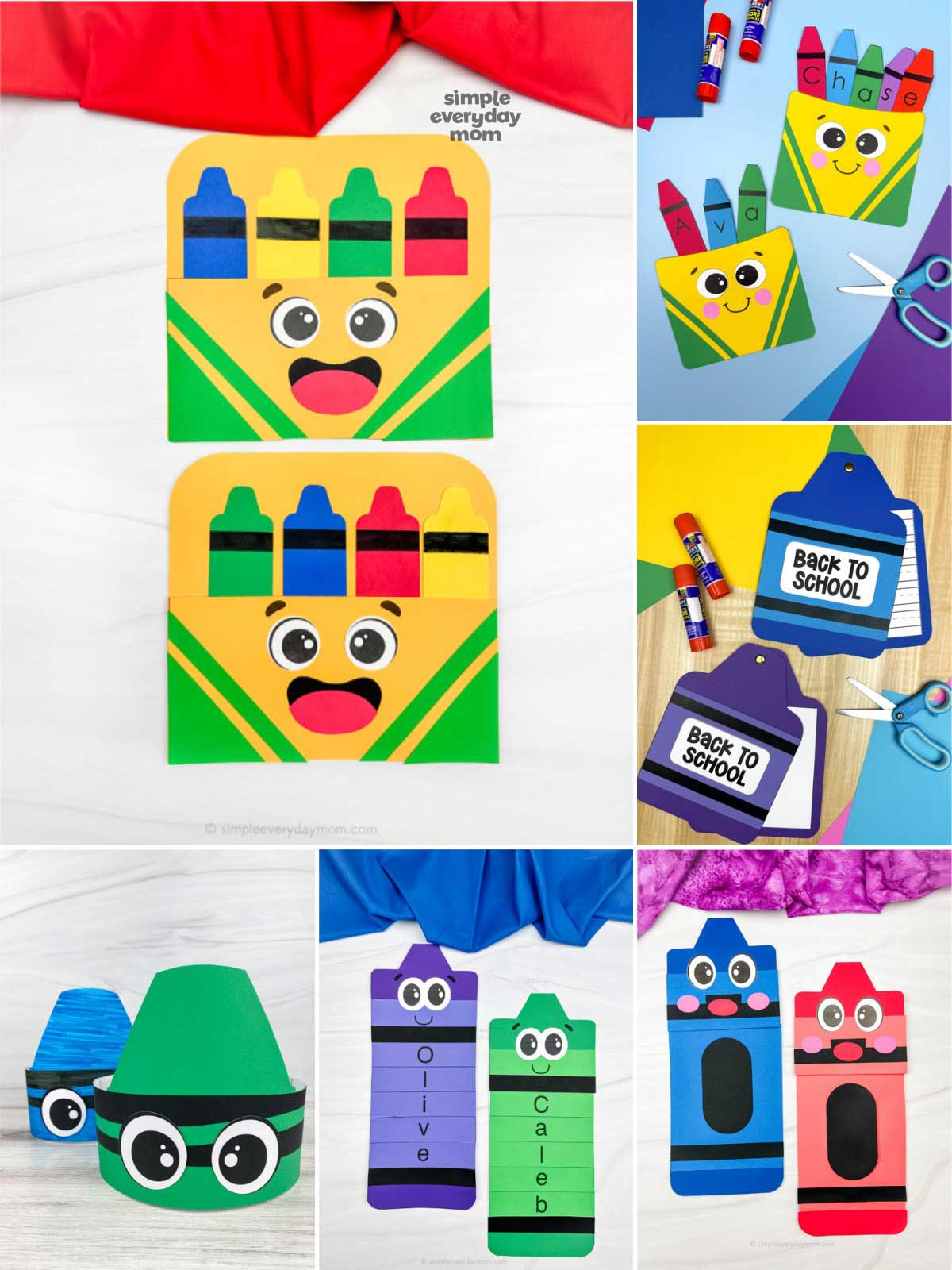 This image is a collage of colorful crayon-themed back-to-school crafts and activities for kids. The projects include crayon box name crafts, crayon bookmarks, wearable crayon hats, personalized crayon name cards, and crayon-shaped paper crafts, all made with bright construction paper and simple craft supplies. The cheerful designs promote creativity, name recognition, and classroom fun while showcasing a variety of easy educational craft ideas.