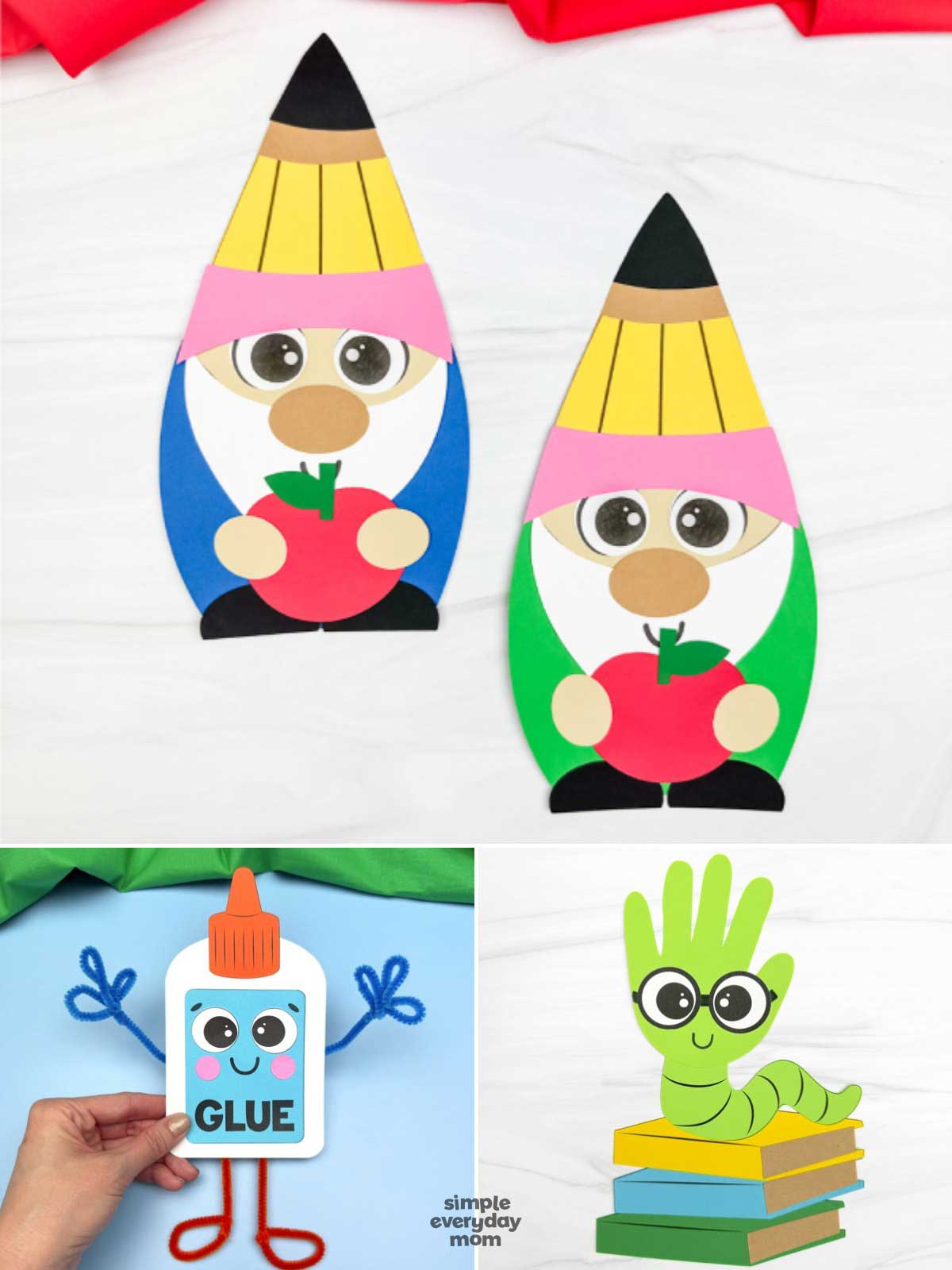 This image is a collage of three school-themed craft projects for kids. It features pencil gnome paper crafts holding red apples, a cheerful glue bottle craft made with pipe cleaners, and a bookworm handprint craft sitting on a stack of colorful books. The crafts are displayed on light backgrounds with bright fabric accents, creating a fun and creative back-to-school theme.