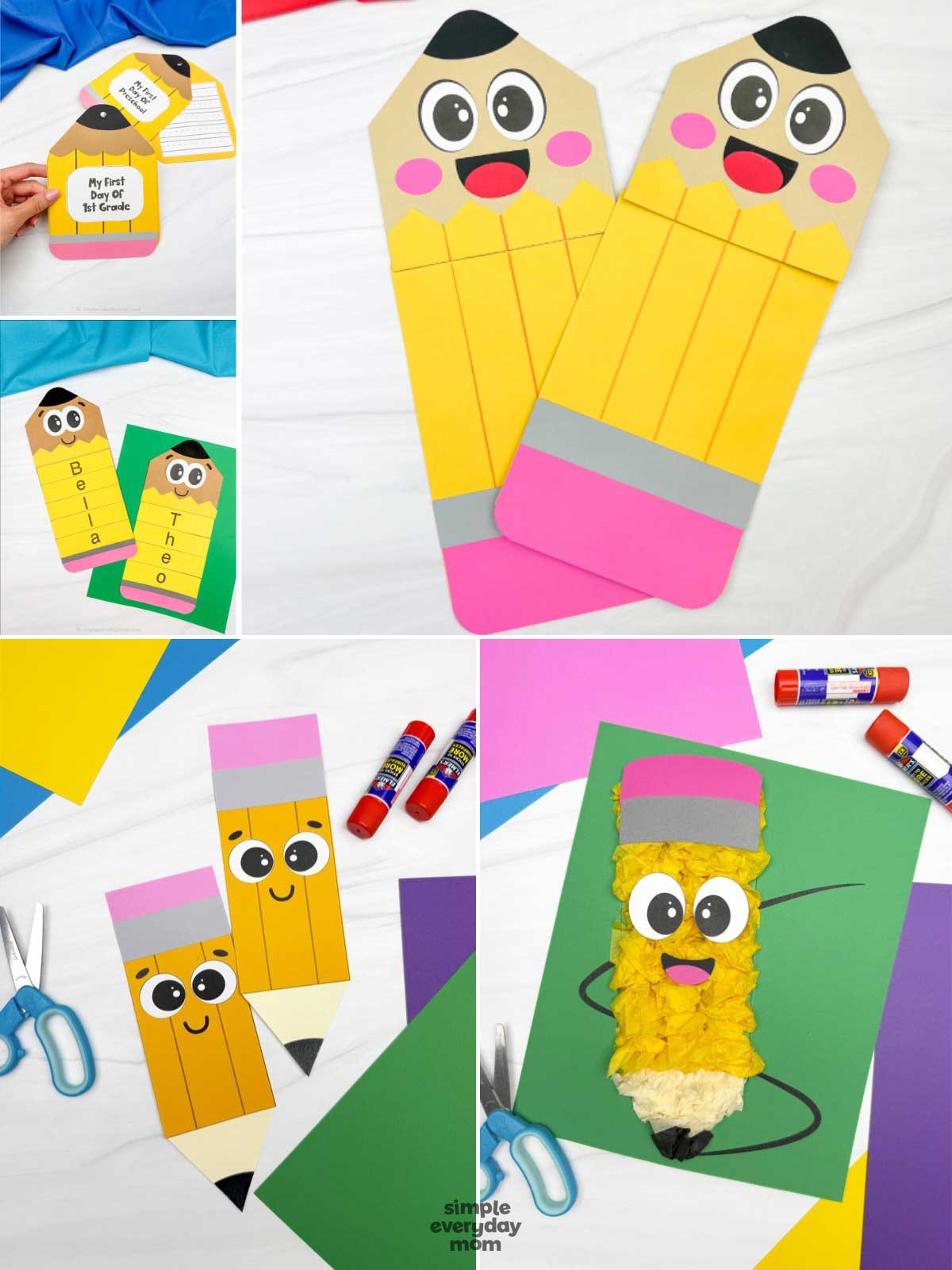 This image is a collage of pencil-themed back-to-school crafts and activities for kids. It features pencil bookmarks, a first-day-of-school pencil keepsake, personalized name pencil crafts, simple paper pencil crafts, and a textured pencil art project made with crumpled paper. Bright colored paper, scissors, and glue sticks surround the projects, creating a fun and creative classroom-inspired display.