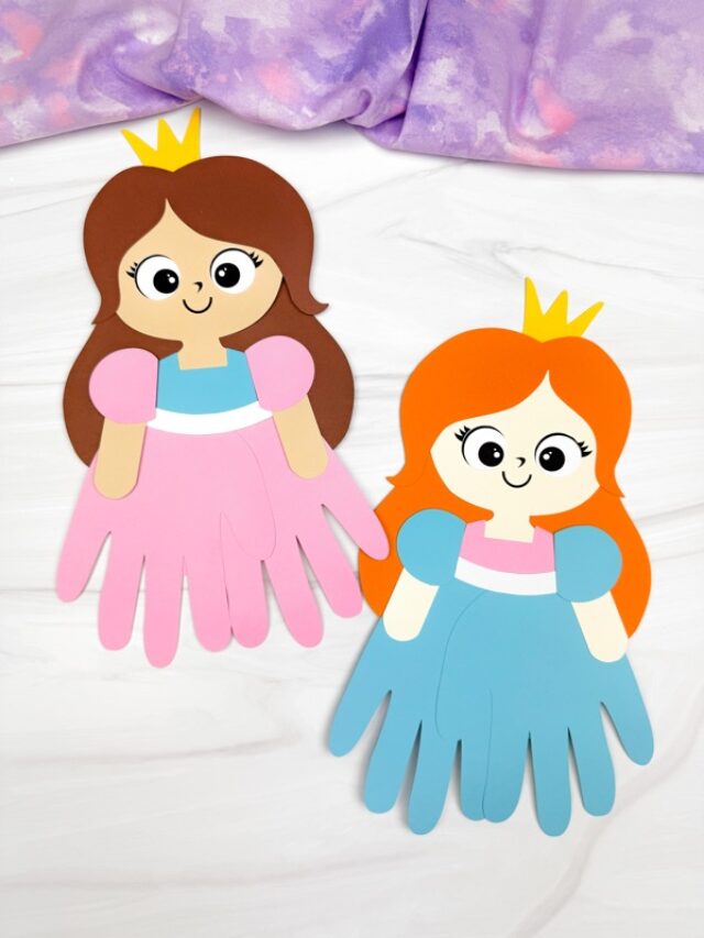 Two finished example of Princess Handprint Craft