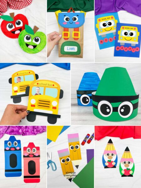 This image is a collage of colorful back-to-school crafts and classroom activities for children. The projects include paper plate apple crafts, personalized backpack gift bags, school bus name activities, school bus photo keepsakes, crayon hats, crayon bookmarks, pencil crafts, and pencil gnome paper crafts. With bright colors, school-themed designs, and hands-on learning elements, these activities help promote creativity, name recognition, fine motor skills, and excitement for the new school year.