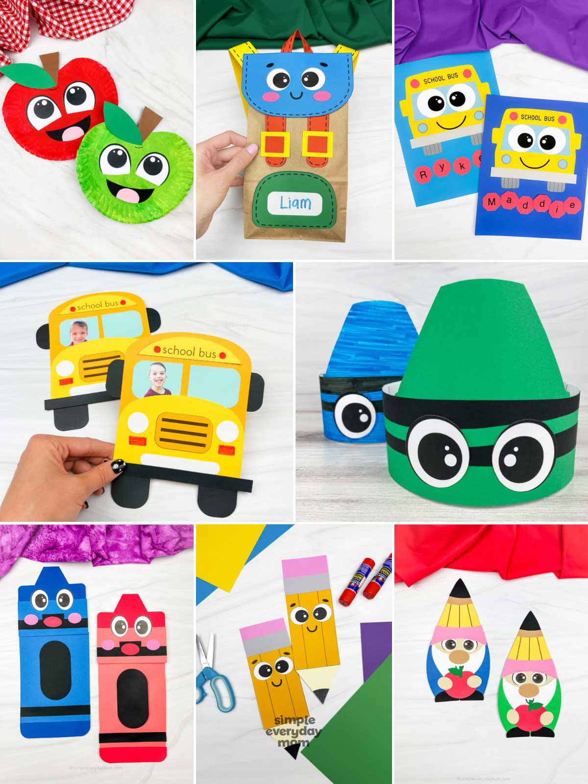 This image is a collage of colorful back-to-school crafts and classroom activities for children. The projects include paper plate apple crafts, personalized backpack gift bags, school bus name activities, school bus photo keepsakes, crayon hats, crayon bookmarks, pencil crafts, and pencil gnome paper crafts. With bright colors, school-themed designs, and hands-on learning elements, these activities help promote creativity, name recognition, fine motor skills, and excitement for the new school year.