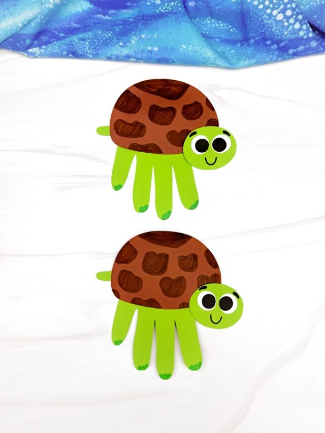 Two finished example of Turtle Handprint Craft