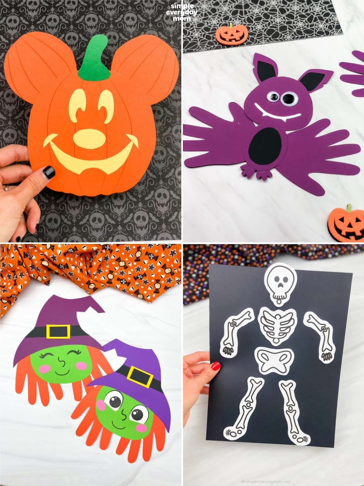 Collage of Halloween crafts featuring a mouse-shaped jack-o’-lantern, a purple handprint bat, two handprint witches, and a paper skeleton assembled on black cardstock.