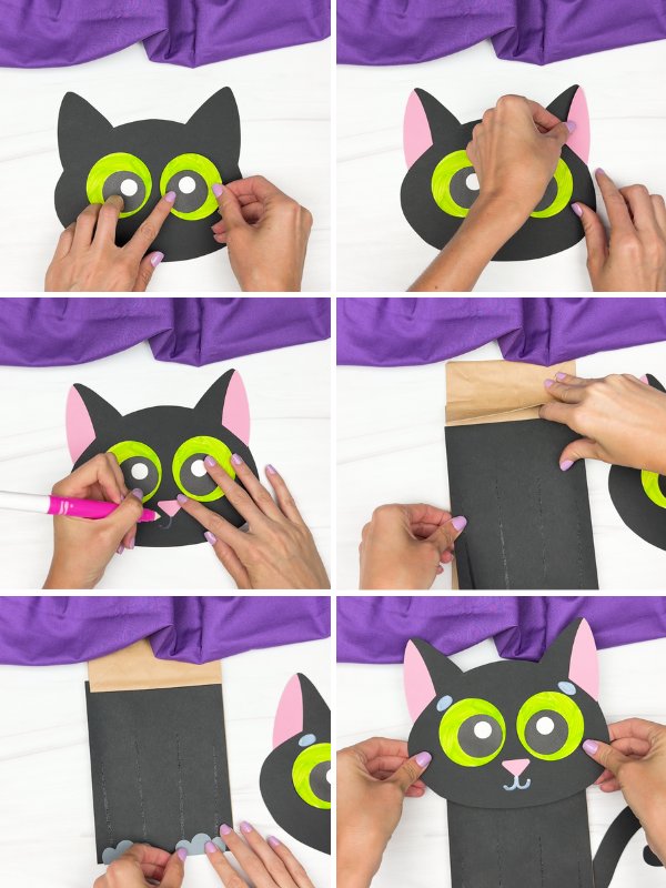 in process image collage of making a black cat paper bag craft
