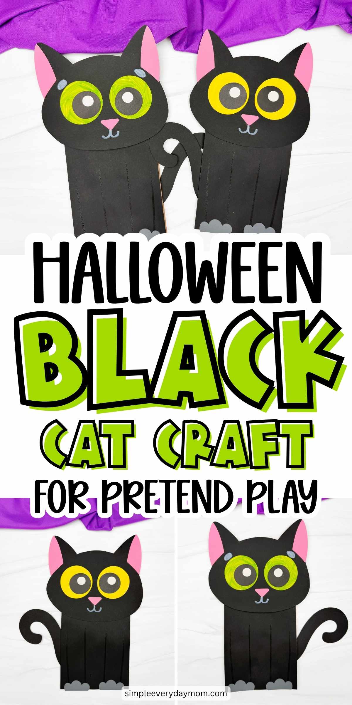Two black paper cat puppets with pink ears, curled tails, and large green and yellow eyes above the text, “Halloween Black Cat Craft for Pretend Play.”
