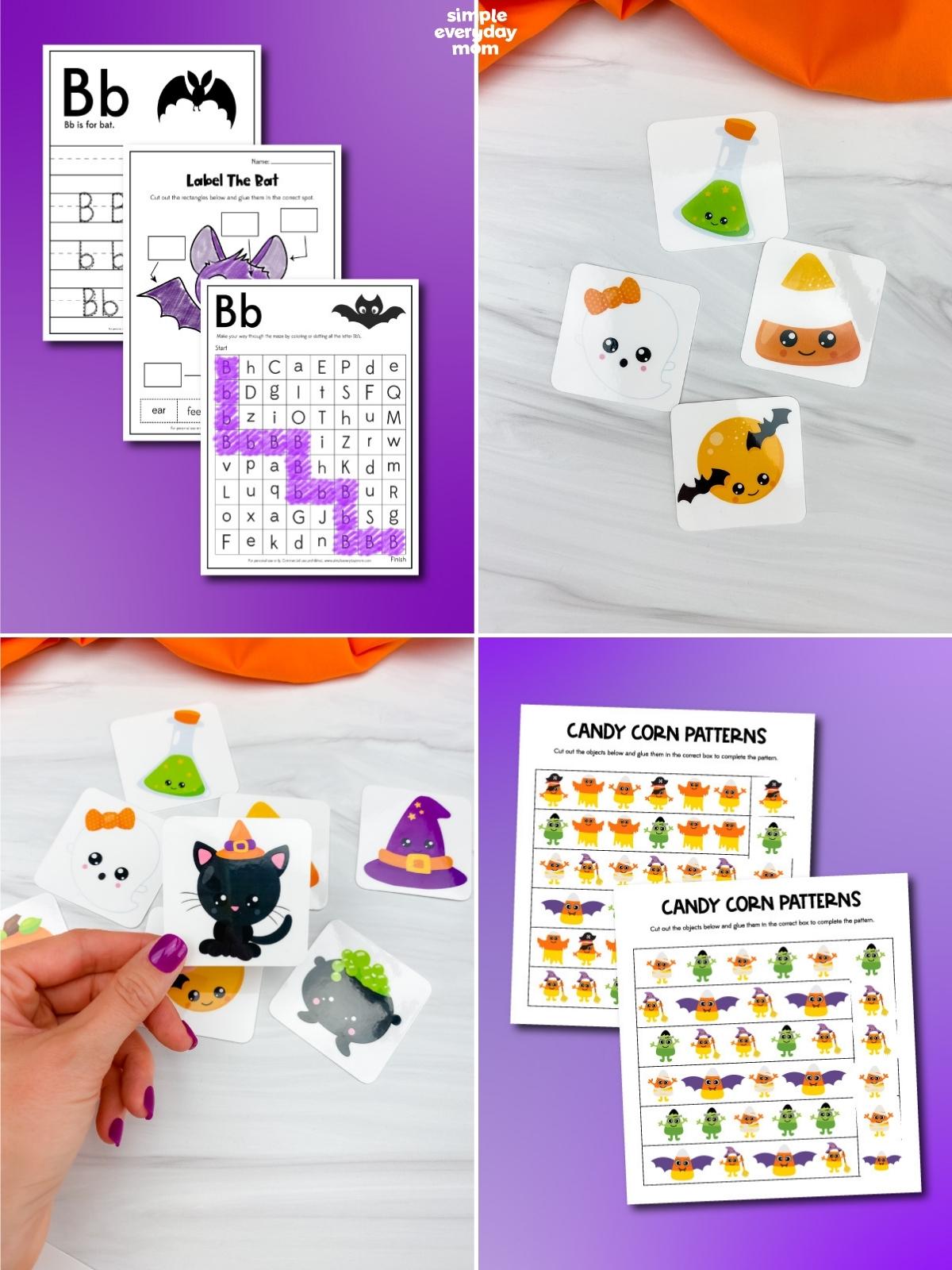 Collage of Halloween learning activities featuring bat letter B worksheets, illustrated matching cards, a black cat card, and candy corn pattern worksheets.