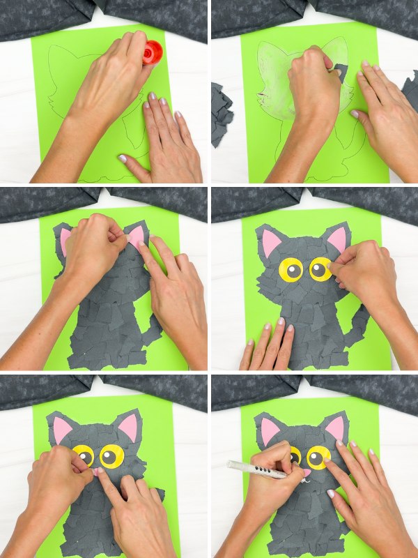in process image collage of creating a black cat torn paper craft