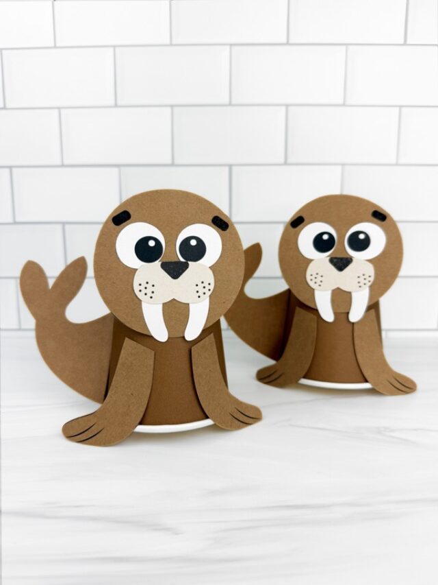 Two finished example of the Walrus Paper Cup Craft