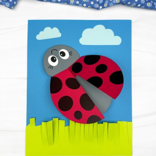A colorful 3D paper ladybug craft featuring red wings with black spots, a gray smiling face, and a blue background with white cloud cutouts. The ladybug is placed on green paper grass with a fringed edge for a textured effect.