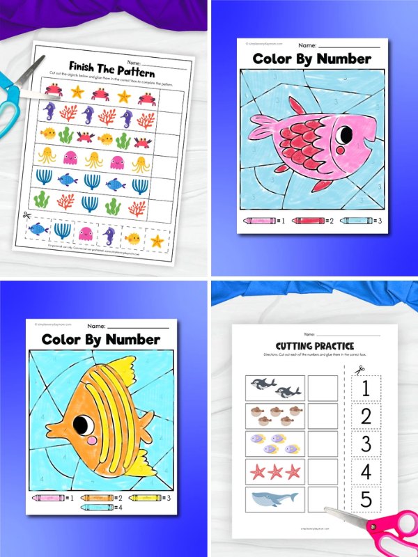 Collage of four ocean-themed preschool worksheets including a "Finish the Pattern" activity with sea creatures, two "Color by Number" pages featuring a pink fish and a yellow fish, and a "Cutting Practice" sheet for counting and matching ocean animals to numbers.