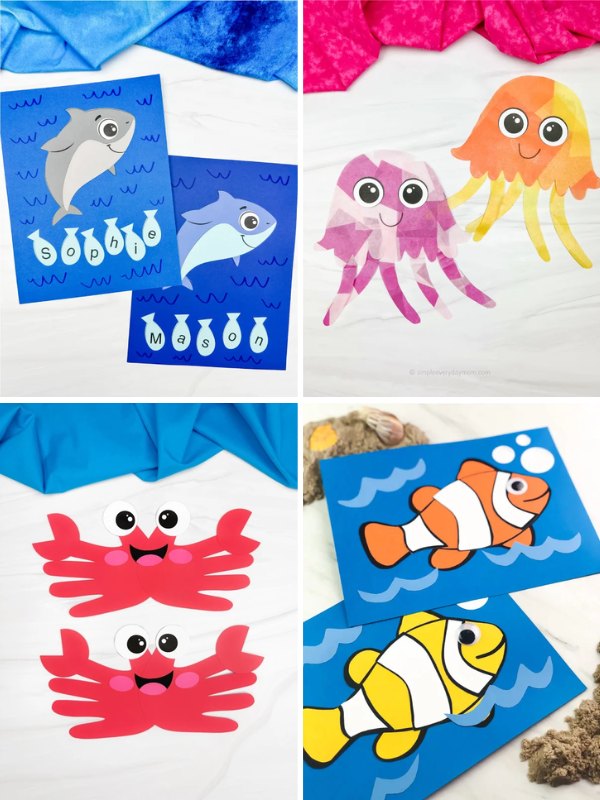 Collage of four colorful ocean-themed kids' crafts: name art with fish cutouts, tissue paper jellyfish with smiling faces, red handprint crabs with googly eyes, and clownfish cutouts in orange and yellow swimming against a blue ocean background.