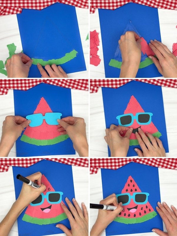in process photo collage of creating Torn Paper Watermelon Craft