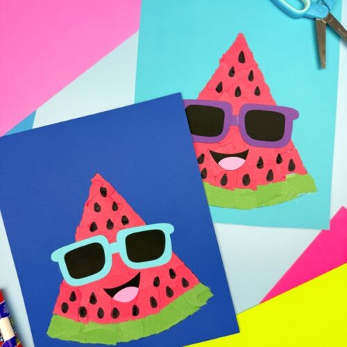 Two finished torn paper watermelon crafts with sunglasses on bright paper backgrounds – fun and easy summer project for preschool and kindergarten kids using free printable.
