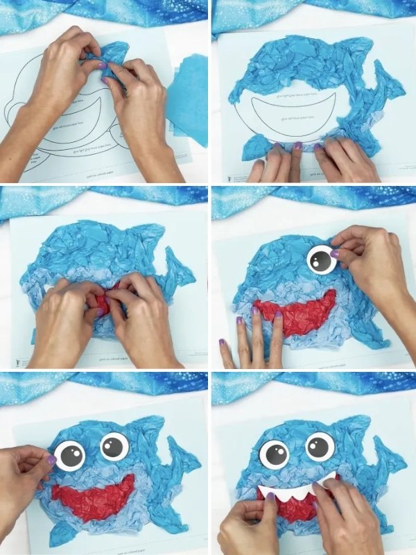in process photo collage of creating Shark Tissue Paper Craft