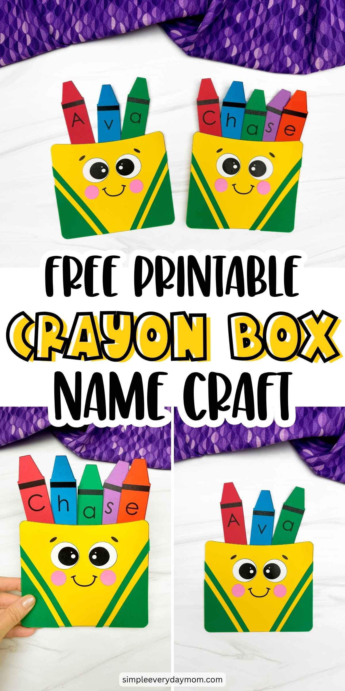 Promotional graphic for a free printable crayon box name craft with two finished personalized examples.