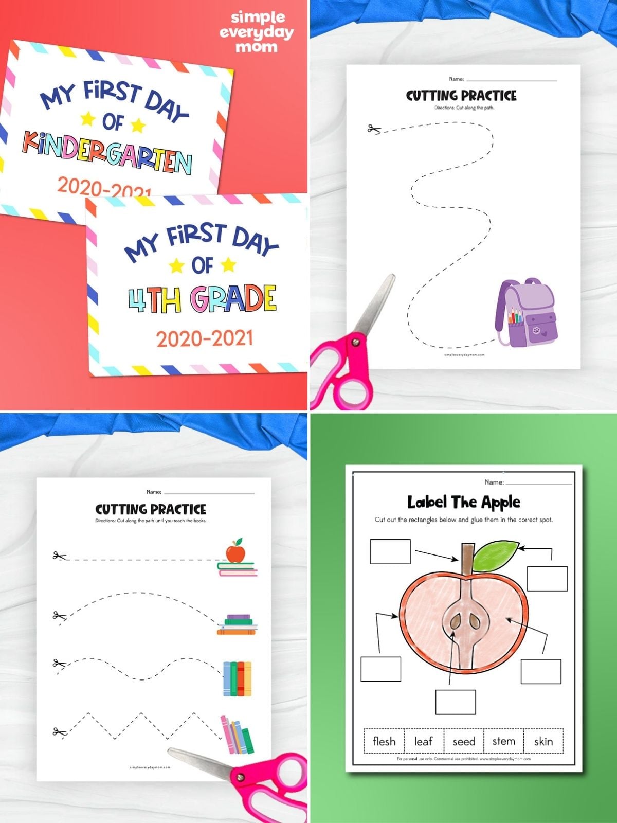 Collage of back-to-school printables, including first-day signs, cutting practice worksheets, and an apple-labeling activity.