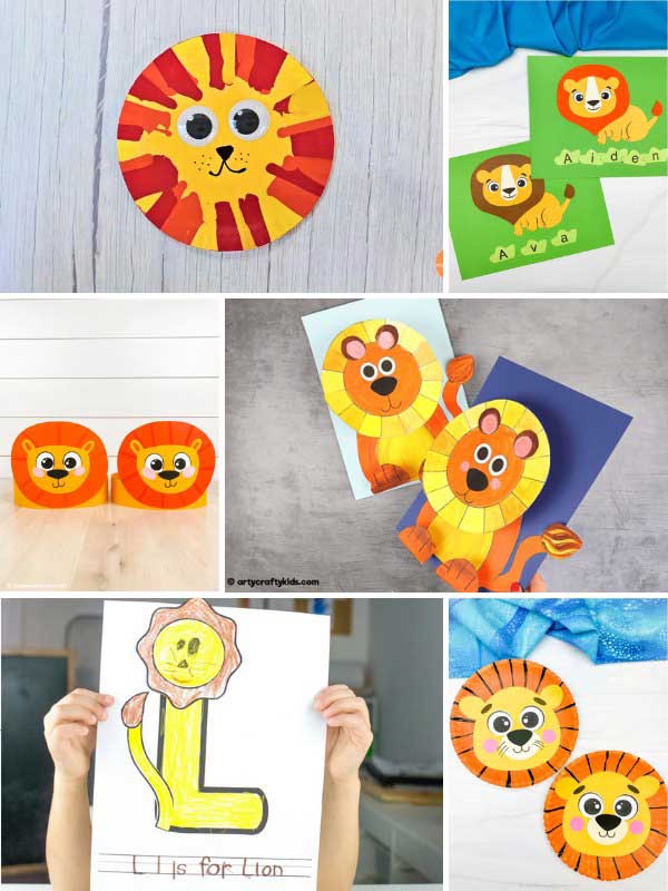 This collage showcases a variety of lion-themed children's crafts and activities. Featured are: a painted lion face with red and yellow handprint-style mane, personalized name cards with lion illustrations, round lion faces made from folded paper, two lion crafts with yellow strip manes, a child holding an "L is for Lion" coloring activity, and paper plate lions with drawn faces and bold orange and black manes.