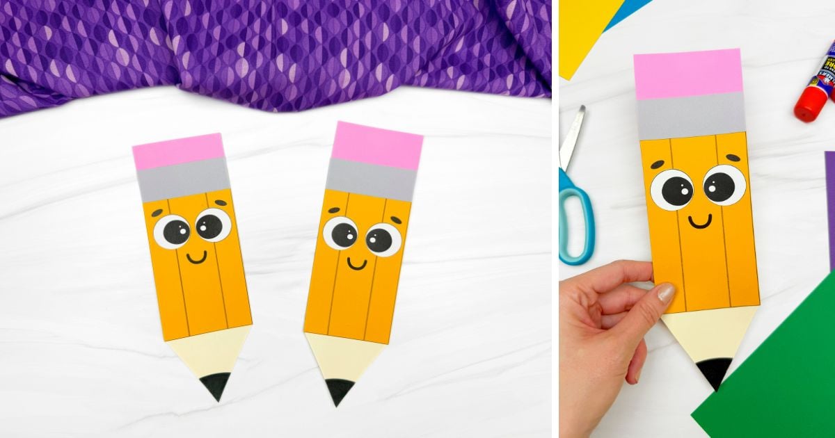 a paper craft that looks like a pencil with eyes on a marbled surface 