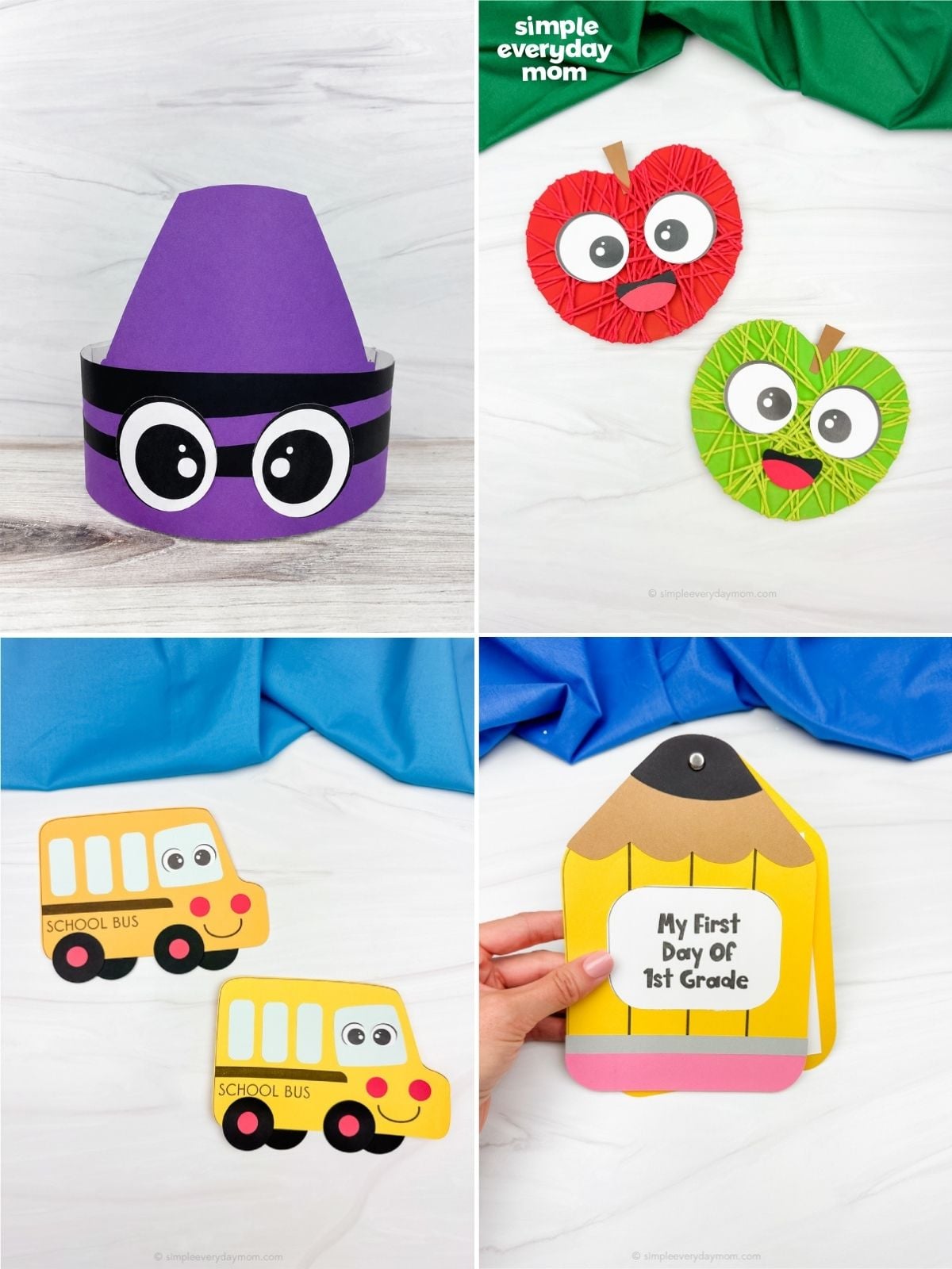 Collage of back-to-school crafts featuring a purple pencil headband, yarn-wrapped apples, school buses, and a first-day pencil keepsake.