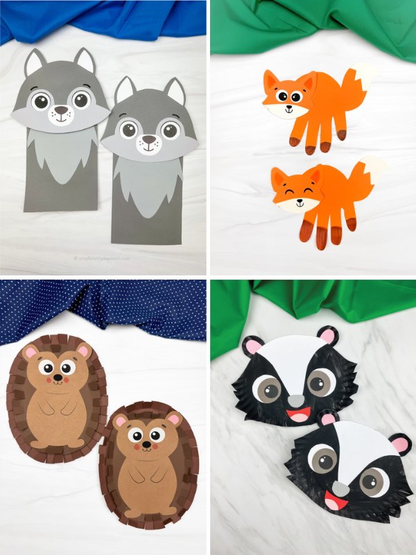 A collage of four animal-themed paper crafts for kids: wolves made from gray paper bags (top left), foxes with handprint-shaped legs (top right), hedgehogs with fringed brown edges (bottom left), and badger faces made from paper plates (bottom right), all displayed on a white surface with colorful fabric backgrounds.