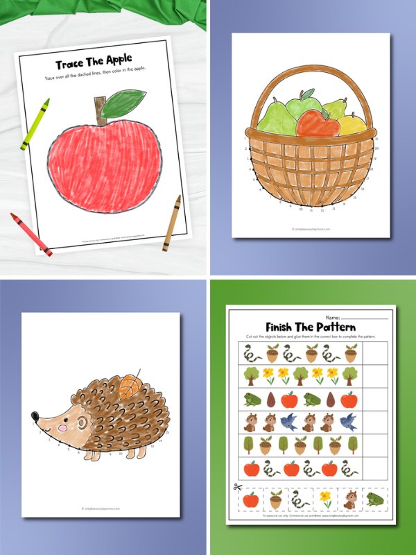 A collage of four educational worksheets features fall and woodland themes for early learners. The top left is a tracing and coloring activity of a red apple; the top right is a dot-to-dot of a fruit basket; the bottom left is a dot-to-dot of a hedgehog; and the bottom right is a pattern recognition activity using cut-and-paste images of autumn items and animals.