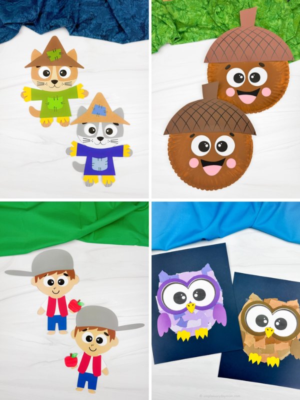 A collage of four images displays fall-themed paper crafts for children. The crafts include two cartoon cats dressed as scarecrows, two smiling acorns with large eyes, two boys holding apples, and two owls made from layered paper on dark backgrounds—one in purple and the other in brown tones.