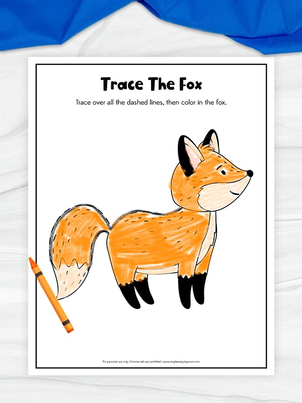 A children’s worksheet titled “Trace The Fox” features a large cartoon fox outlined with dashed lines that have been traced over and colored in with an orange crayon.