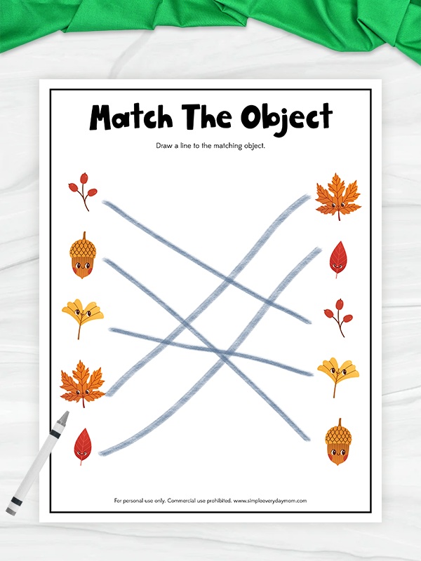 A children's worksheet titled "Match The Object" displays six fall-themed illustrations on the left—berries, acorn, yellow leaf, orange leaf, red leaf, and yellow leaf again—mirrored on the right side in a different order. Blue crayon lines connect each object to its matching pair.