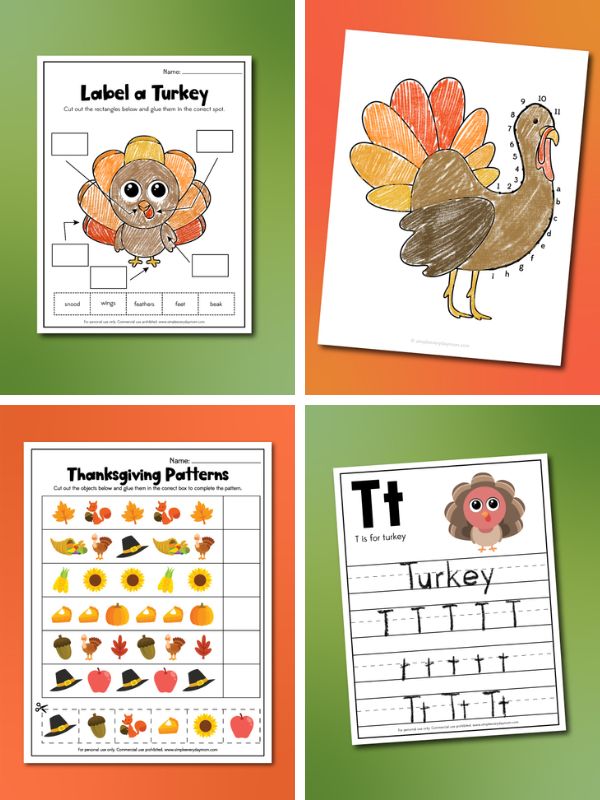collage image of 4 Free Printable Thanksgiving Worksheets