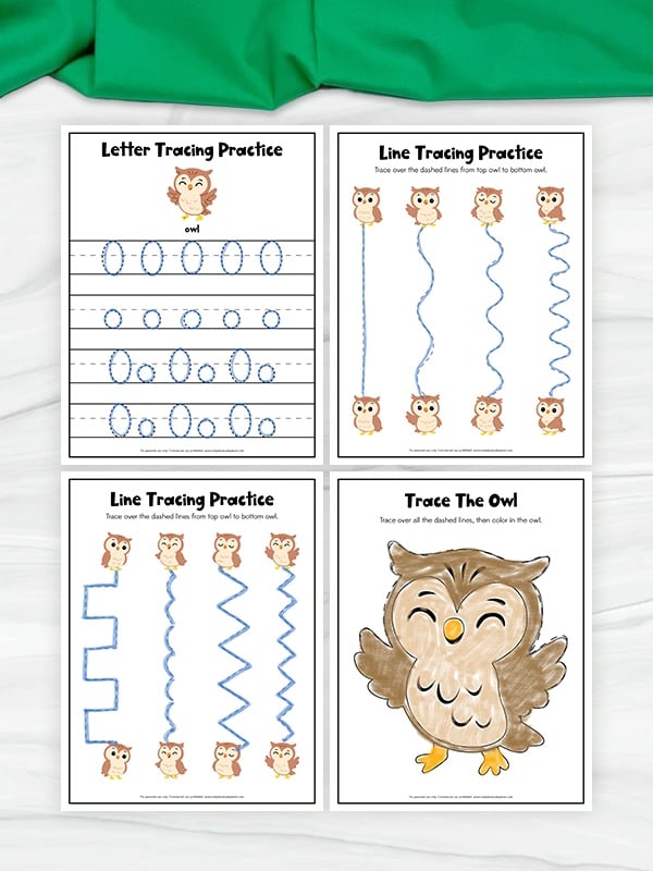 A set of four children’s tracing worksheets featuring owl-themed activities is displayed. The pages include: one for tracing uppercase and lowercase letter "O," two with vertical and zigzag line tracing between pairs of owls, and one with a large owl to trace and color, all marked with completed blue, brown, tan, and orange crayon work.