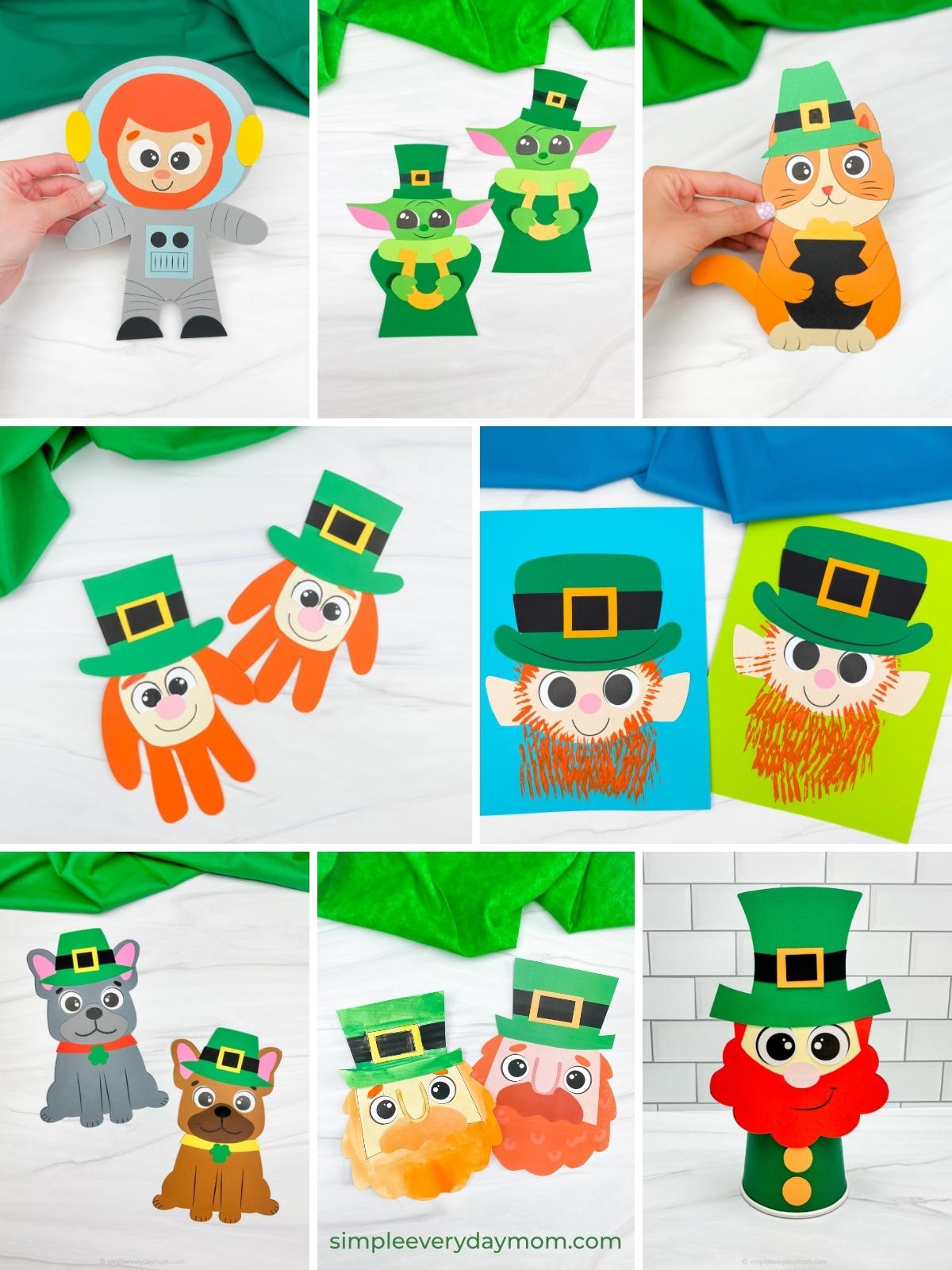 Collage of St. Patrick's Day crafts for kids featuring paper cutouts of various characters dressed as leprechauns, including an astronaut, Baby Yoda, a cat, dogs, and multiple bearded leprechauns with green hats. The crafts use colorful materials like construction paper, handprint shapes, and paper cups for playful and festive designs.