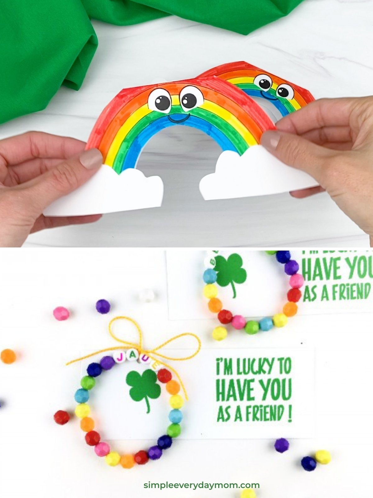 Two rainbow crafts with smiling cartoon faces, made from colored paper or coloring materials, with white cloud cutouts at the ends of each rainbow.