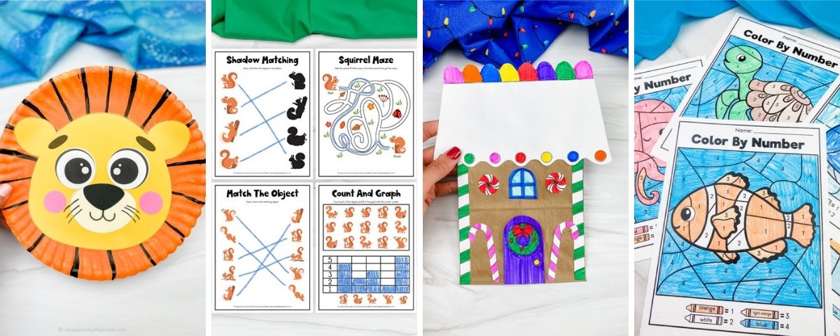 Examples of printable kids crafts and worksheets from Simple Everyday Mom