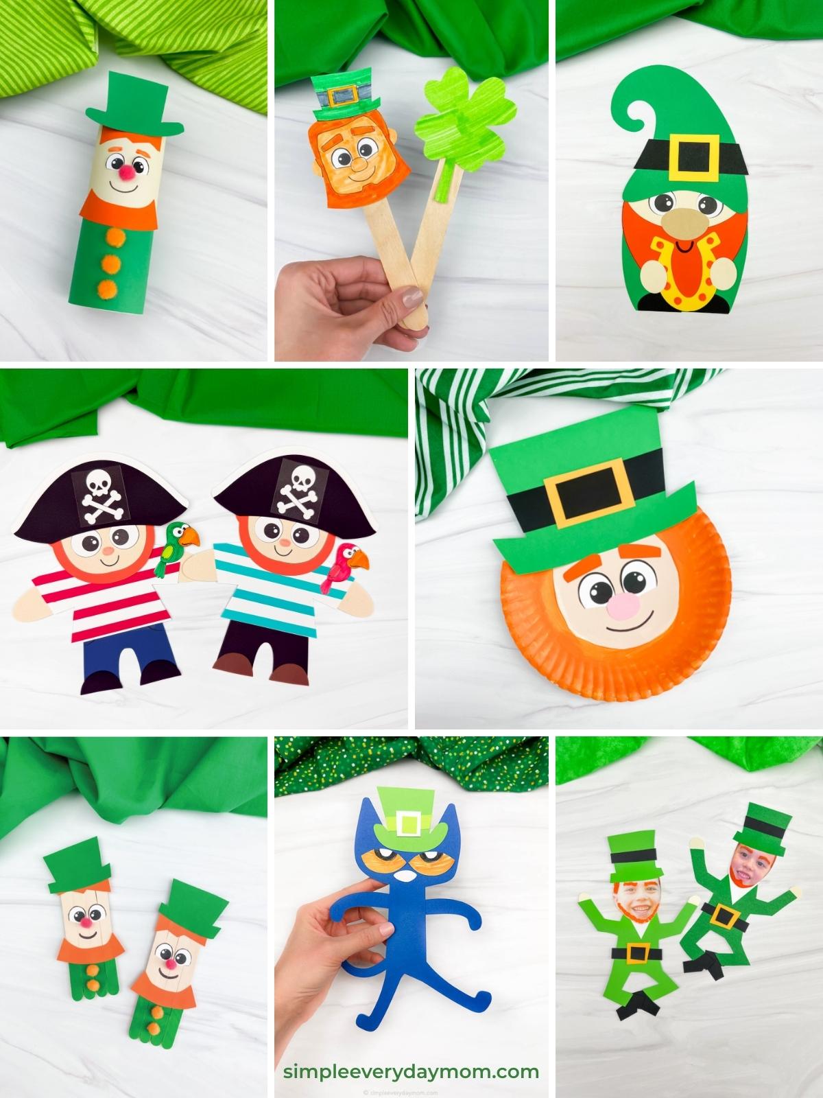 St. Patrick’s Day character crafts including paper leprechauns, pirate leprechauns, shamrocks on sticks, and a leprechaun cat, made from colorful paper and displayed on green fabric backgrounds.