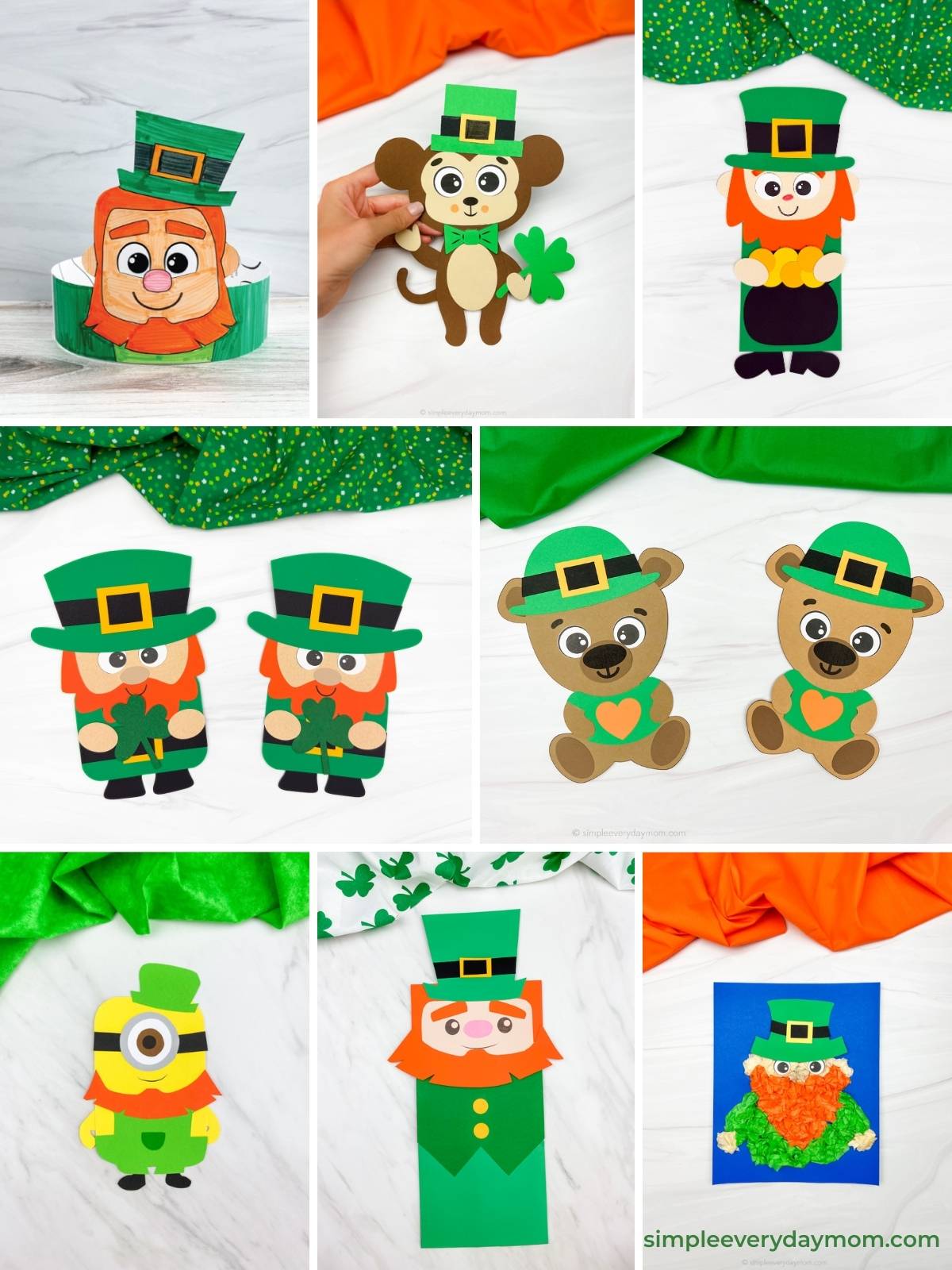 Collage of animal and leprechaun crafts for St. Patrick’s Day, including monkeys, bears, dogs, and a Minion character, all wearing green hats or holding shamrocks, made from paper cutouts.