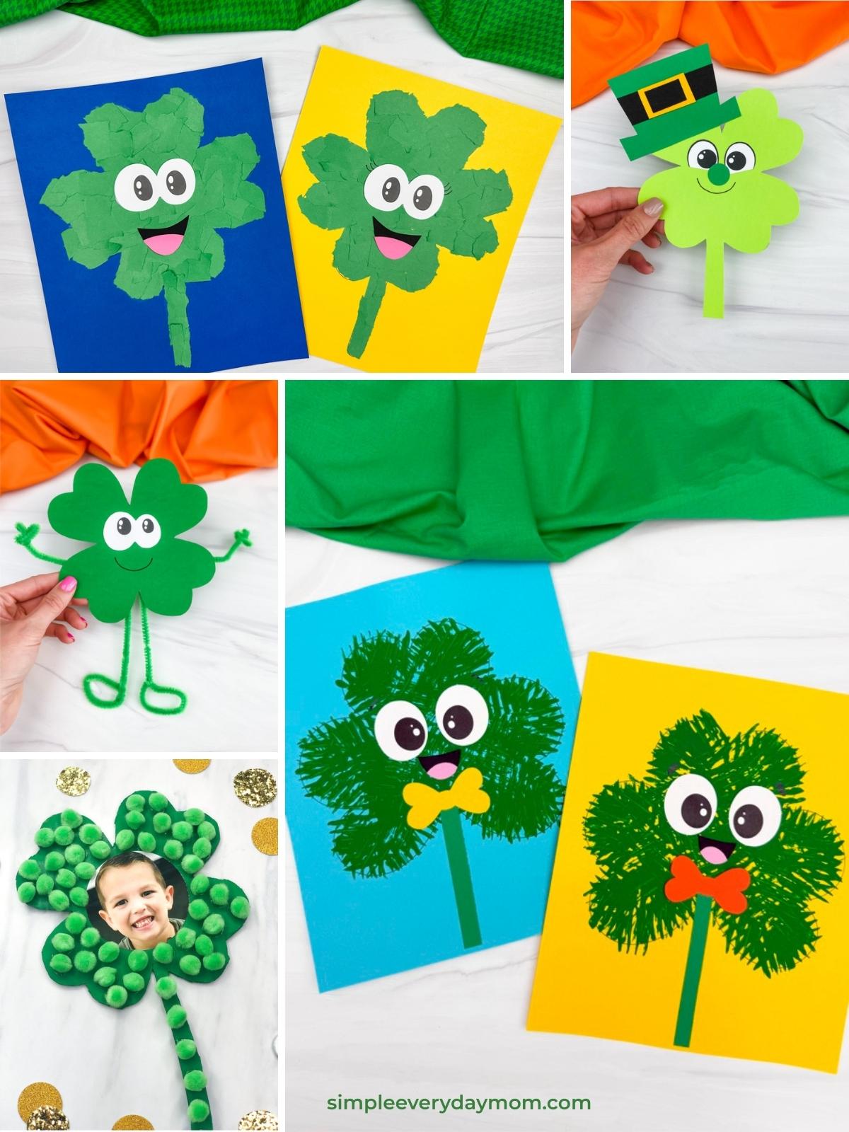 Collection of shamrock-themed kids' crafts, including smiling shamrocks with cartoon faces, pipe cleaner limbs, leprechaun hats, and one design featuring a child’s face inside a pom-pom shamrock.