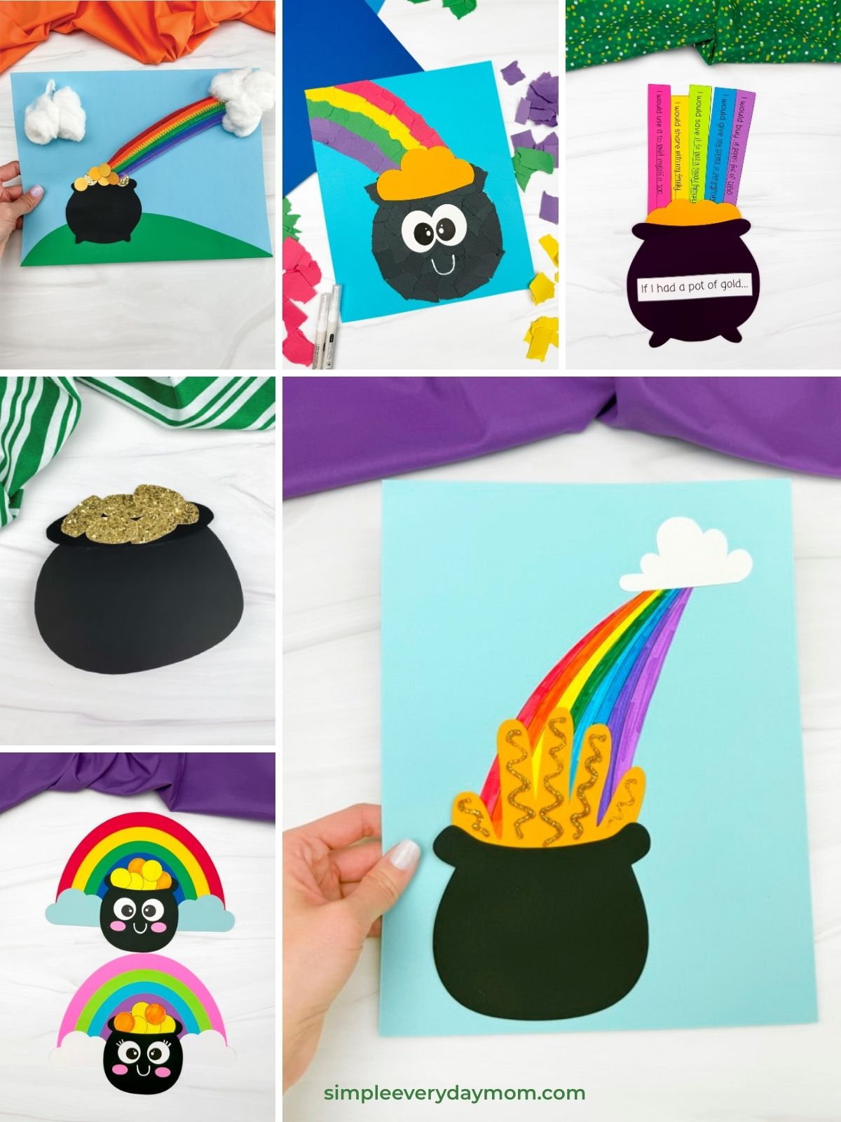 Collage of rainbow and pot of gold crafts for kids, made from materials like paper, glitter, cotton balls, and construction paper, with some pots labeled “If I had a pot of gold…”