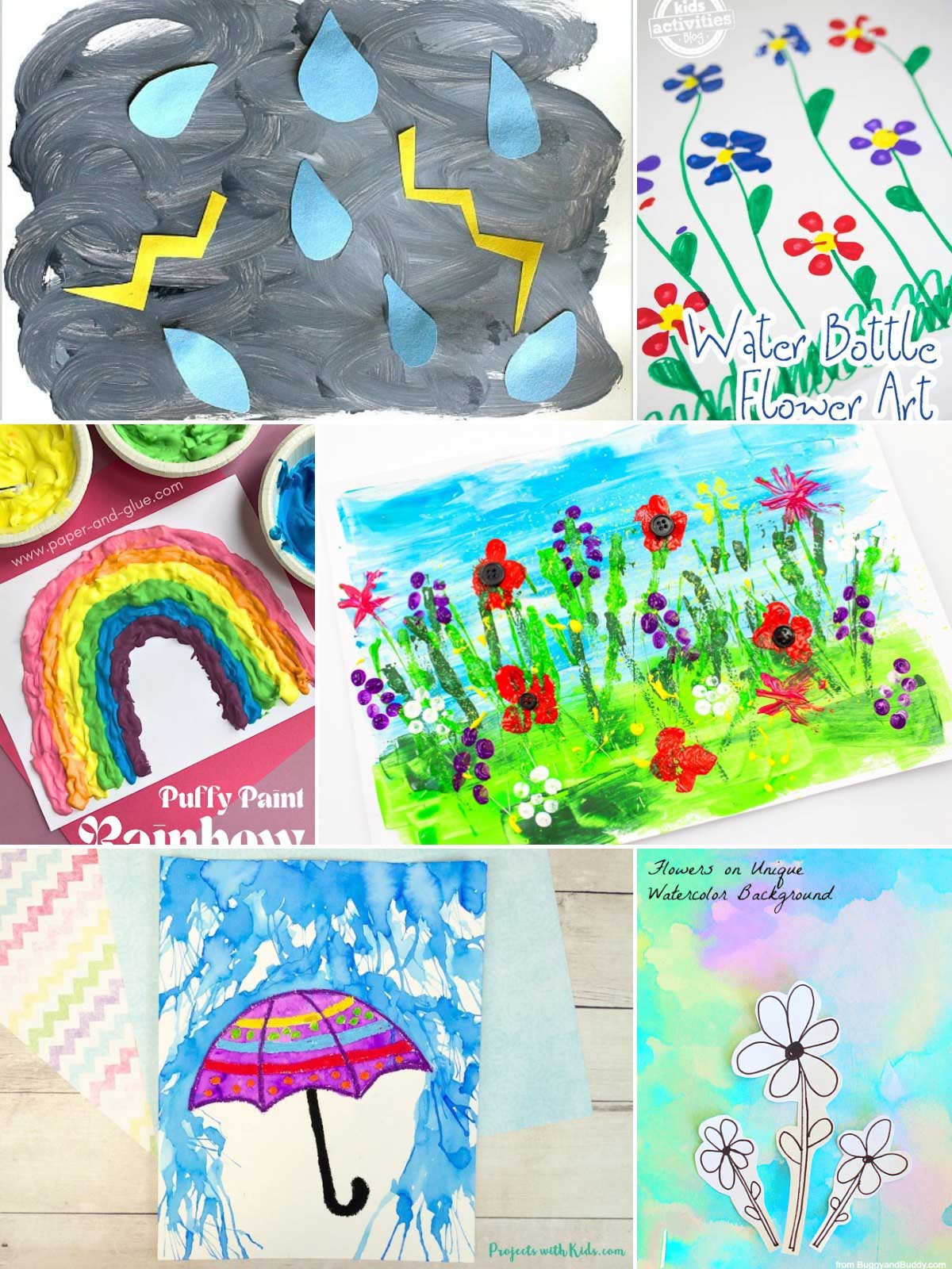 Collage of kids’ painting and art projects featuring nature and weather themes. The images include a storm cloud craft with paper raindrops and lightning, water bottle flower painting, a puffy paint rainbow, a colorful painted flower field, a watercolor umbrella painting, and simple flower drawings on a pastel watercolor background.