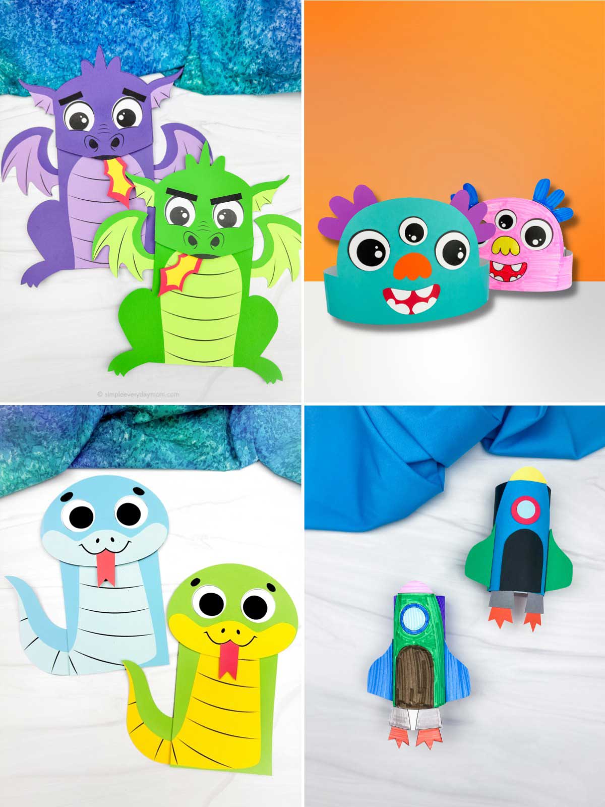 The image shows four different kids’ craft projects arranged in a grid. They include colorful paper dragons, monster headbands, snake crafts, and simple rocket creations. Each project uses bright colors and basic shapes, designed to be fun and easy for children to make.