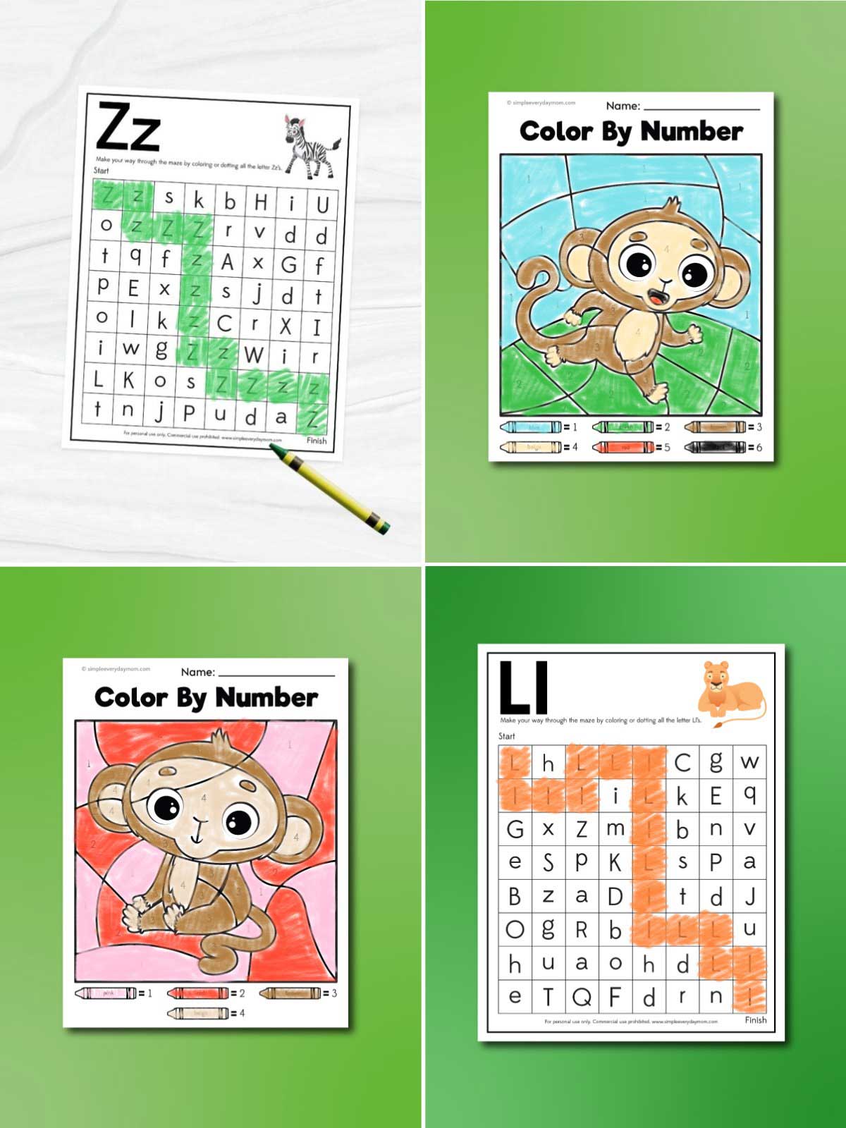 The image shows four children’s learning worksheets arranged in a grid with a green background. They include letter maze activities for “Z” and “L,” along with two color-by-number pages featuring a monkey illustration. The worksheets are brightly colored and designed to support early literacy and coloring skills.