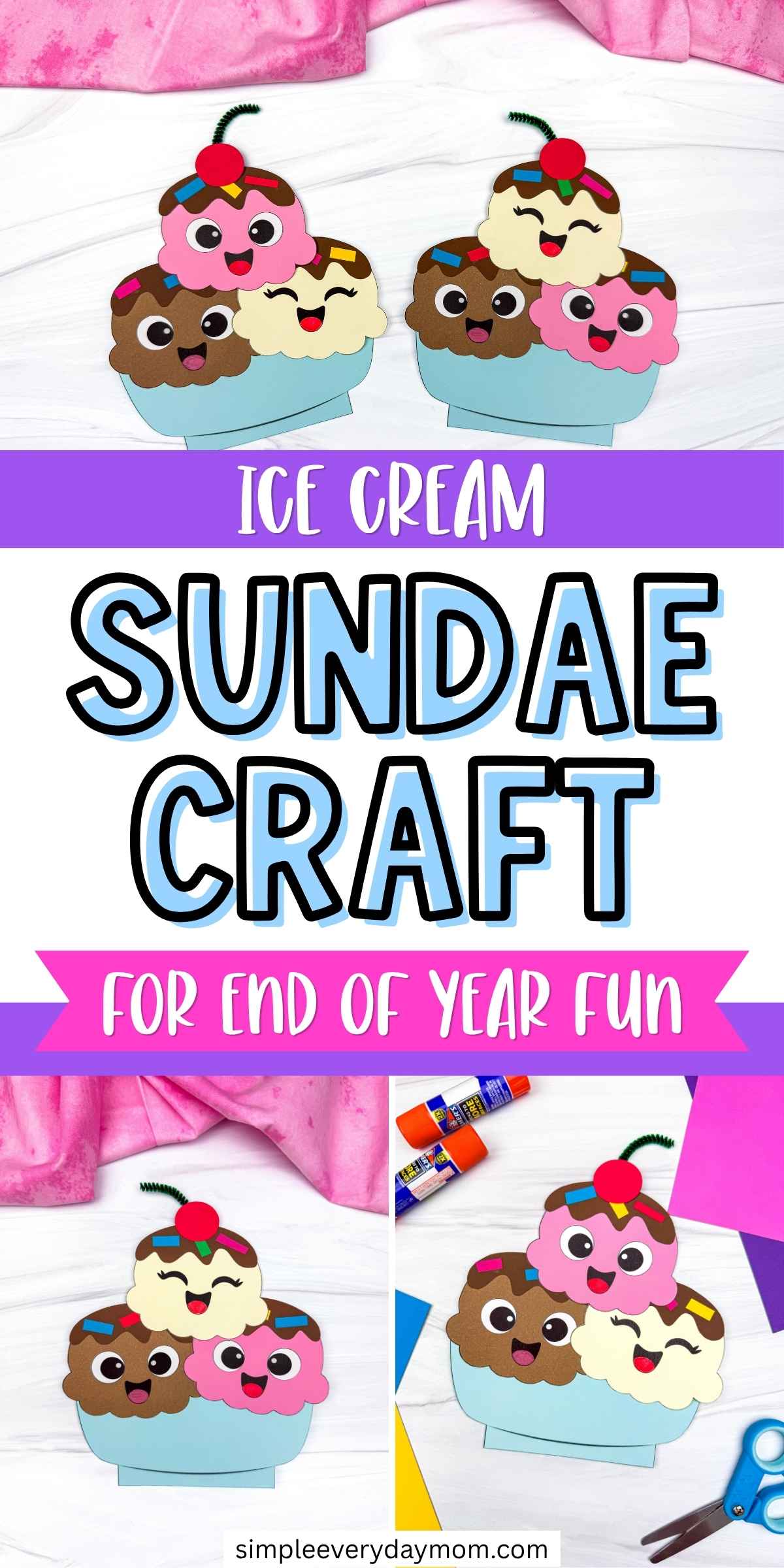 Collage of smiling ice cream sundae crafts with colorful scoops and cherry toppings.