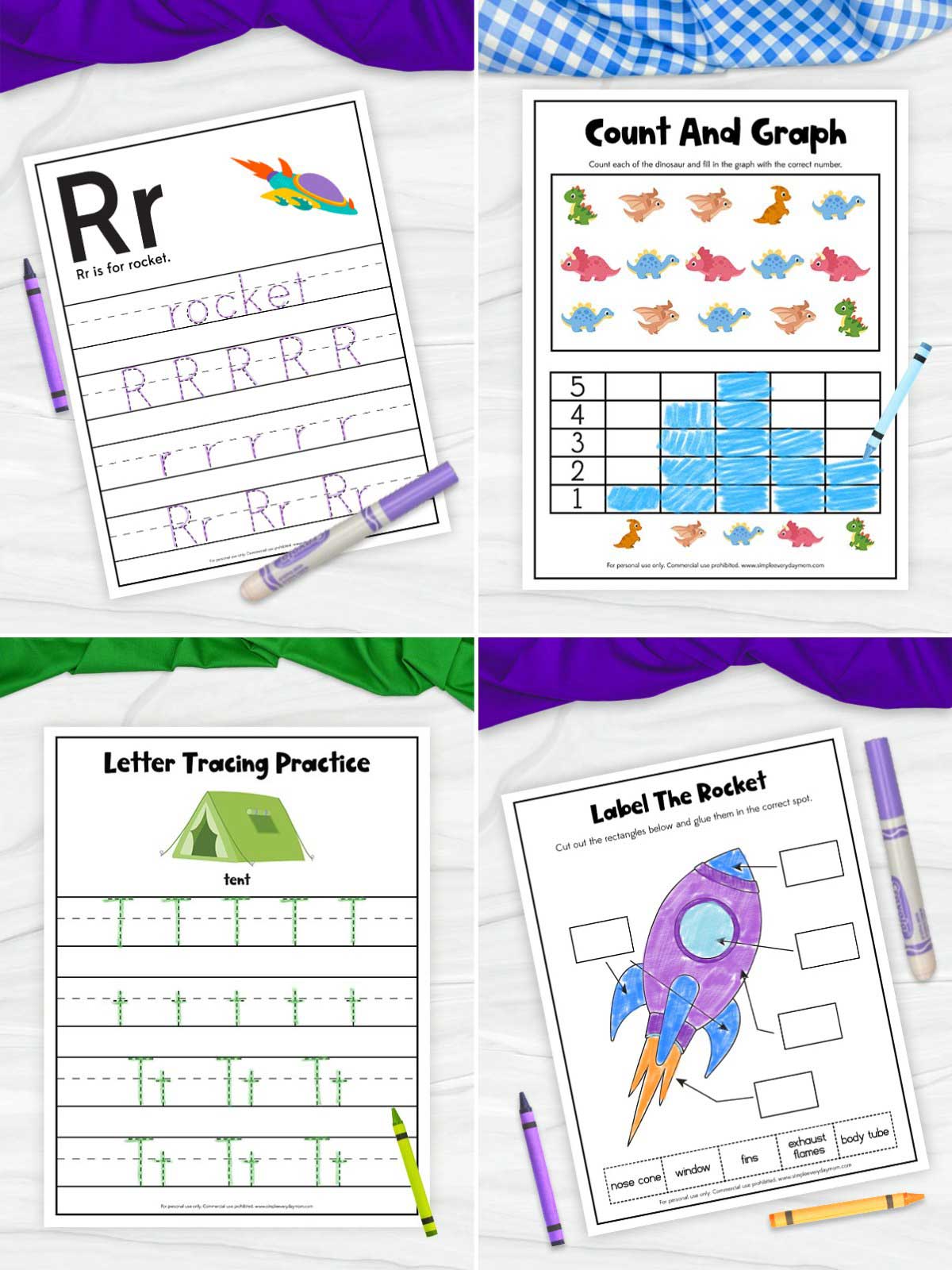 The image shows four educational worksheets for kids arranged in a grid. They include letter tracing pages for “R” and “T,” a dinosaur count-and-graph activity, and a rocket labeling worksheet. The pages are colorful and designed to support early learning skills like writing, counting, and vocabulary.