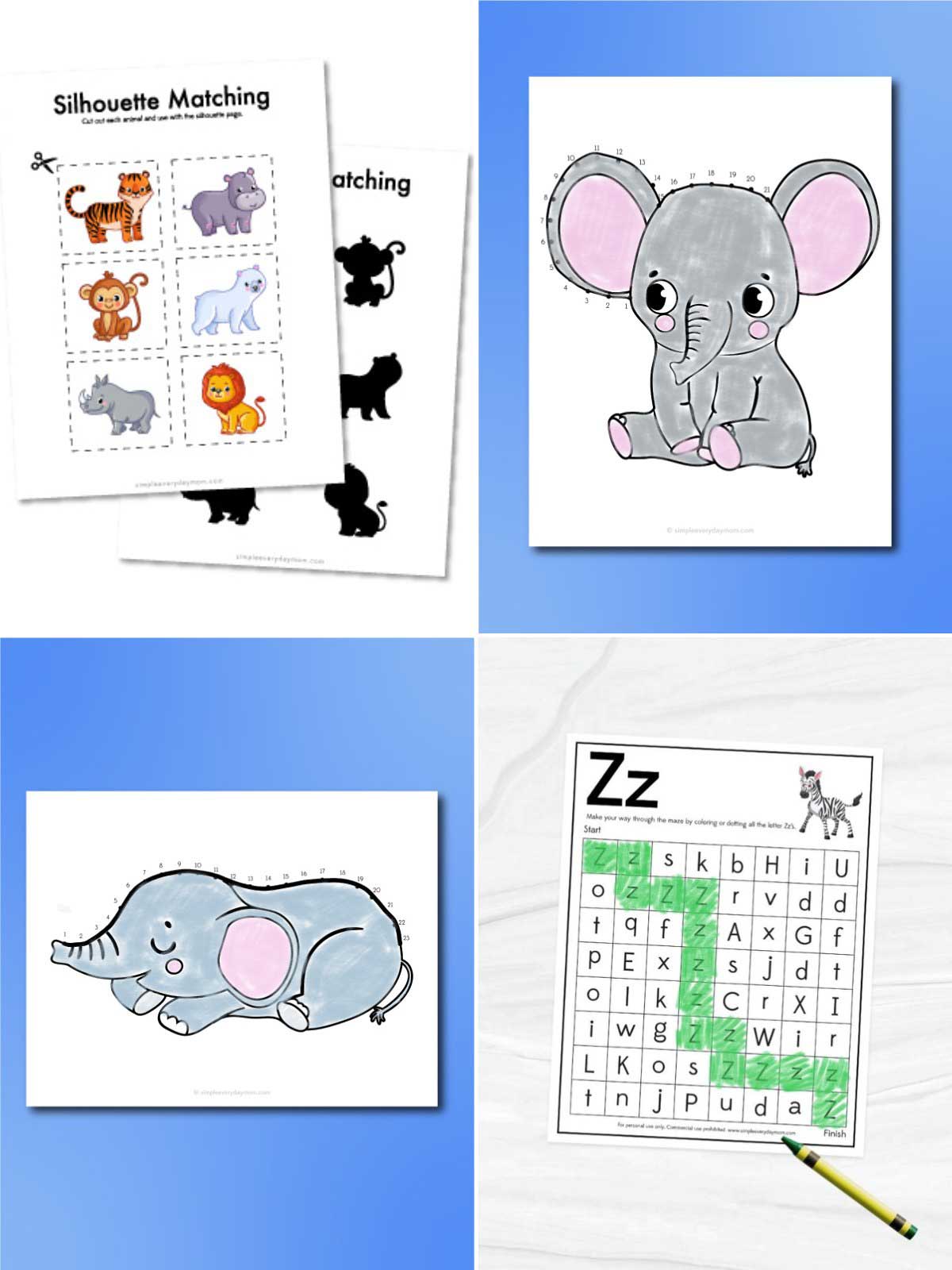 The image shows four different children’s learning worksheets arranged in a grid. They include activities like animal silhouette matching, dot-to-dot elephant coloring pages, and a letter “Z” maze worksheet. The pages are colorful and designed to help with early learning skills such as recognition, tracing, and problem-solving.